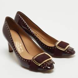 Pre Owned Salvatore Ferragamo Burgundy Patent Leather Fringe Detail Pumps Size 37.5
