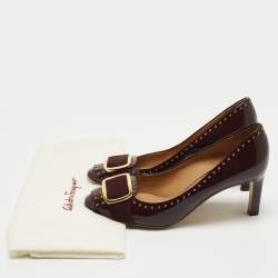 Pre Owned Salvatore Ferragamo Burgundy Patent Leather Fringe Detail Pumps Size 37.5