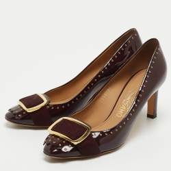 Pre Owned Salvatore Ferragamo Burgundy Patent Leather Fringe Detail Pumps Size 37.5