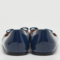 Pre Owned Salvatore Ferragamo Blue Patent Leather Vara Bow Ballet Flats Size 38.5
