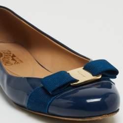Pre Owned Salvatore Ferragamo Blue Patent Leather Vara Bow Ballet Flats Size 38.5