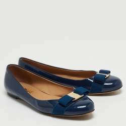 Pre Owned Salvatore Ferragamo Blue Patent Leather Vara Bow Ballet Flats Size 38.5