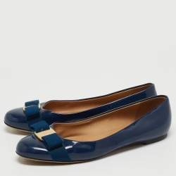 Pre Owned Salvatore Ferragamo Blue Patent Leather Vara Bow Ballet Flats Size 38.5