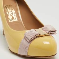 Pre Owned Salvatore Ferragamo Yellow Patent Leather Vara Bow Platform Pumps Size 41.5