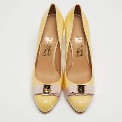 Pre Owned Salvatore Ferragamo Yellow Patent Leather Vara Bow Platform Pumps Size 41.5