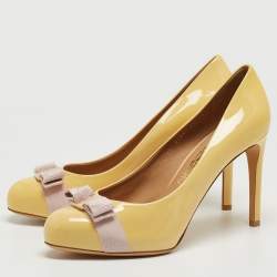 Pre Owned Salvatore Ferragamo Yellow Patent Leather Vara Bow Platform Pumps Size 41.5