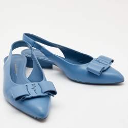 Pre Owned Salvatore Ferragamo Blue  Leather Vara Bow  Slingback Flats Size 39.5