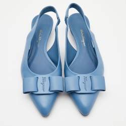 Pre Owned Salvatore Ferragamo Blue  Leather Vara Bow  Slingback Flats Size 39.5