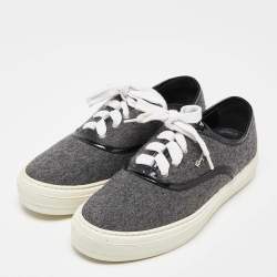 Pre Owned Salvatore Ferragamo Grey/Black Wool and Patent Leather Low Top Sneakers Size 37