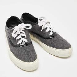 Pre Owned Salvatore Ferragamo Grey/Black Wool and Patent Leather Low Top Sneakers Size 37