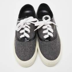 Pre Owned Salvatore Ferragamo Grey/Black Wool and Patent Leather Low Top Sneakers Size 37