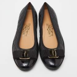 Pre Owned Salvatore Ferragamo Black Quilted Leather and Patent Varina Ballet Flats Size 35.5
