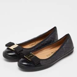 Pre Owned Salvatore Ferragamo Black Quilted Leather and Patent Varina Ballet Flats Size 35.5