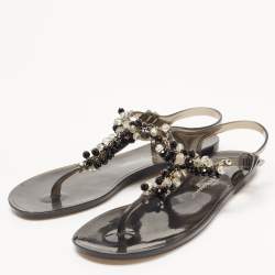 Salvatore Ferragamo Black PVC Embellished Flat Sandals Size 39.5