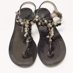 Salvatore Ferragamo Black PVC Embellished Flat Sandals Size 39.5