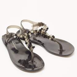 Salvatore Ferragamo Black PVC Embellished Flat Sandals Size 39.5