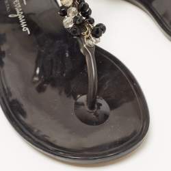 Salvatore Ferragamo Black PVC Embellished Flat Sandals Size 39.5