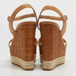 Pre Owned Salvatore Ferragamo Beige Leather and Raffia Marlene Wedge Sandals Size 39