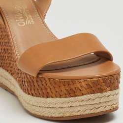 Pre Owned Salvatore Ferragamo Beige Leather and Raffia Marlene Wedge Sandals Size 39