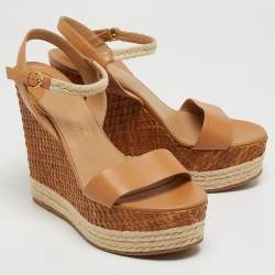 Pre Owned Salvatore Ferragamo Beige Leather and Raffia Marlene Wedge Sandals Size 39