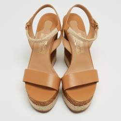 Pre Owned Salvatore Ferragamo Beige Leather and Raffia Marlene Wedge Sandals Size 39