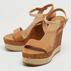 Pre Owned Salvatore Ferragamo Beige Leather and Raffia Marlene Wedge Sandals Size 39