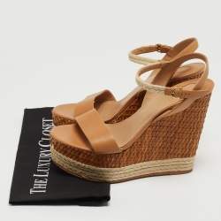 Pre Owned Salvatore Ferragamo Beige Leather and Raffia Marlene Wedge Sandals Size 39