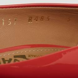 Pre Owned Salvatore Ferragamo Coral Orange Patent Leather Vara Bow Peep Toe Pumps Size 35.5