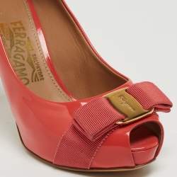 Pre Owned Salvatore Ferragamo Coral Orange Patent Leather Vara Bow Peep Toe Pumps Size 35.5