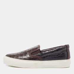 Pre Owned Salvatore Ferragamo Brown Croc Leather Pacau Slip On Sneakers Size 39.5