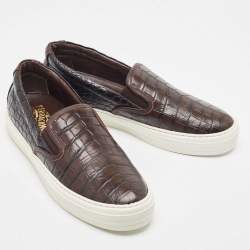 Pre Owned Salvatore Ferragamo Brown Croc Leather Pacau Slip On Sneakers Size 39.5