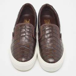 Pre Owned Salvatore Ferragamo Brown Croc Leather Pacau Slip On Sneakers Size 39.5