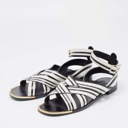 Pre Owned Salvatore Ferragamo Black/White Leather Ankle Strap Sandals Size 40