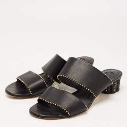 Pre Owned Salvatore Ferragamo Black Leather Studded Slide Sandals Size 40.5 