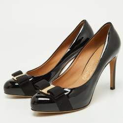 Pre Owned Salvatore Ferragamo Black Patent Leather Carla Vara Bow Platform Pumps Size 38.5