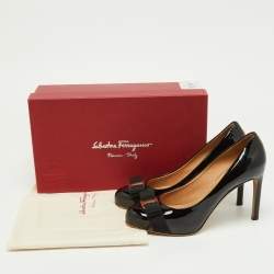 Pre Owned Salvatore Ferragamo Black Patent Leather Carla Vara Bow Platform Pumps Size 38.5