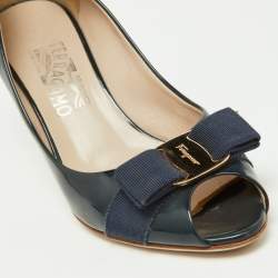 Pre Owned Salvatore Ferragamo Navy Blue Patent Leather Vara Bow Peep Toe Pumps Size 38