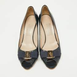 Pre Owned Salvatore Ferragamo Navy Blue Patent Leather Vara Bow Peep Toe Pumps Size 38