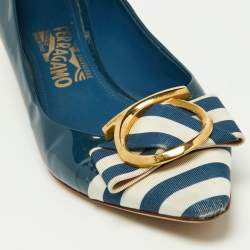 Pre Owned Salvatore Ferragamo Blue Patent Leather and Fabric Fele Gancio Pointed Ballet Flat Size 39