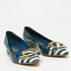 Pre Owned Salvatore Ferragamo Blue Patent Leather and Fabric Fele Gancio Pointed Ballet Flat Size 39