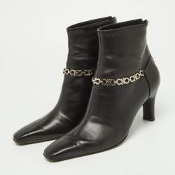 Pre Owned Salvatore Ferragamo Black Leather Gancini Lock Ankle Boots Size 38