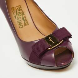 Pre Owned Salvatore Ferragamo Purple Leather Vara Bow Peep Toe Pumps Size 38.5