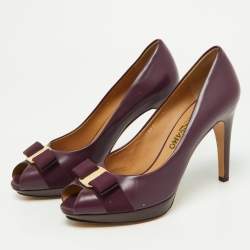 Pre Owned Salvatore Ferragamo Purple Leather Vara Bow Peep Toe Pumps Size 38.5
