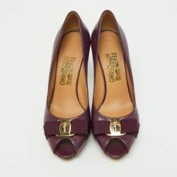 Pre Owned Salvatore Ferragamo Purple Leather Vara Bow Peep Toe Pumps Size 38.5