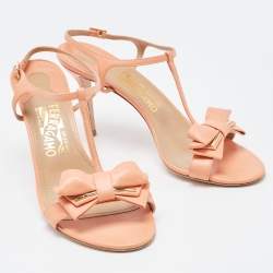 Pre Owned Salvatore Ferragamo Peach Leather Bow T-Bar Ankle Strap Sandals Size 39 