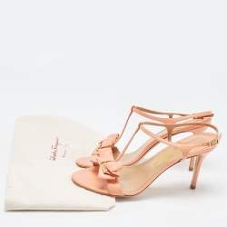 Pre Owned Salvatore Ferragamo Peach Leather Bow T-Bar Ankle Strap Sandals Size 39 