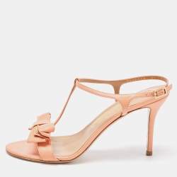 Pre Owned Salvatore Ferragamo Peach Leather Bow T-Bar Ankle Strap Sandals Size 39 