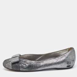 Salvatore Ferragamo Metallic Silver Suede Bow Ballet Flats Size 39.5