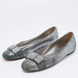 Salvatore Ferragamo Metallic Silver Suede Bow Ballet Flats Size 39.5