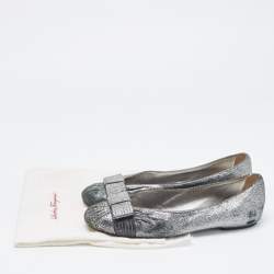 Salvatore Ferragamo Metallic Silver Suede Bow Ballet Flats Size 39.5